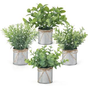 Mkono 4 Packs Small Fake Plants in Farmhouse Galvanized Pots Table Centerpiece Mini Potted Artificial Plants Faux Eucalyptus for Shelf Office Rustic Home Decor (Grey)