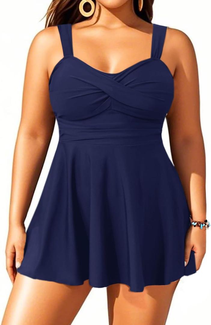 Aqua Eve Plus Size Two Piece Swimsuits for Women Tankini Bathing Suits Flowy Swim Dress with Shorts (Navy Blue) 20W