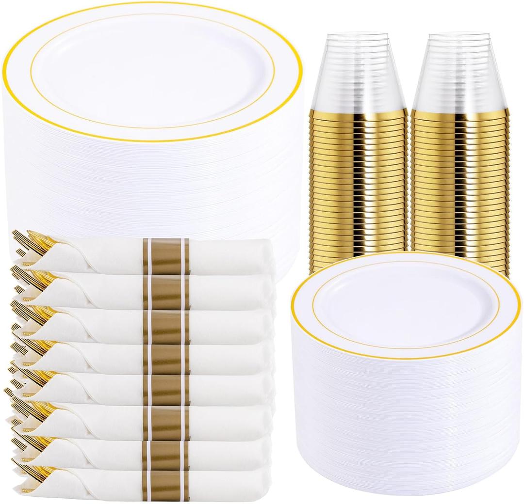 DaYammi 350PCS Gold Plastic Dinnerware Set for 50 Guests, Fancy Disposable Plates for Party, Include: 50 Dinner Plates, 50 Dessert Plates, 50 Pre Rolled Napkins with Gold Silverware, 50 Cups