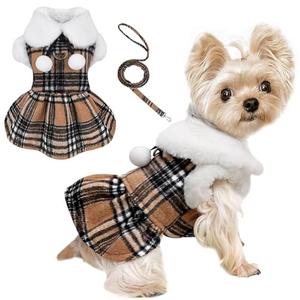 XS Dog Sweater with Leash Set D Ring Plaid Fleece Dog Clothes for Small Dogs Girl Boy Winter Pet Dress, Cold Weather Puppy Coat Winter Sweater for Chihuahua Yorkie Cat Puppy Costumes, XS