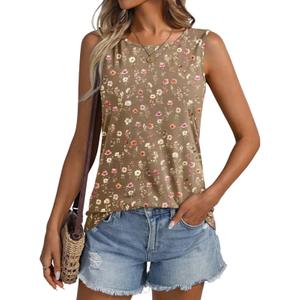 ORANDESIGNE Womens Floral Tank Tops Crewneck Sleeveless Shirts Casual Summer Loose fit Top Wlidflower Khaki Medium