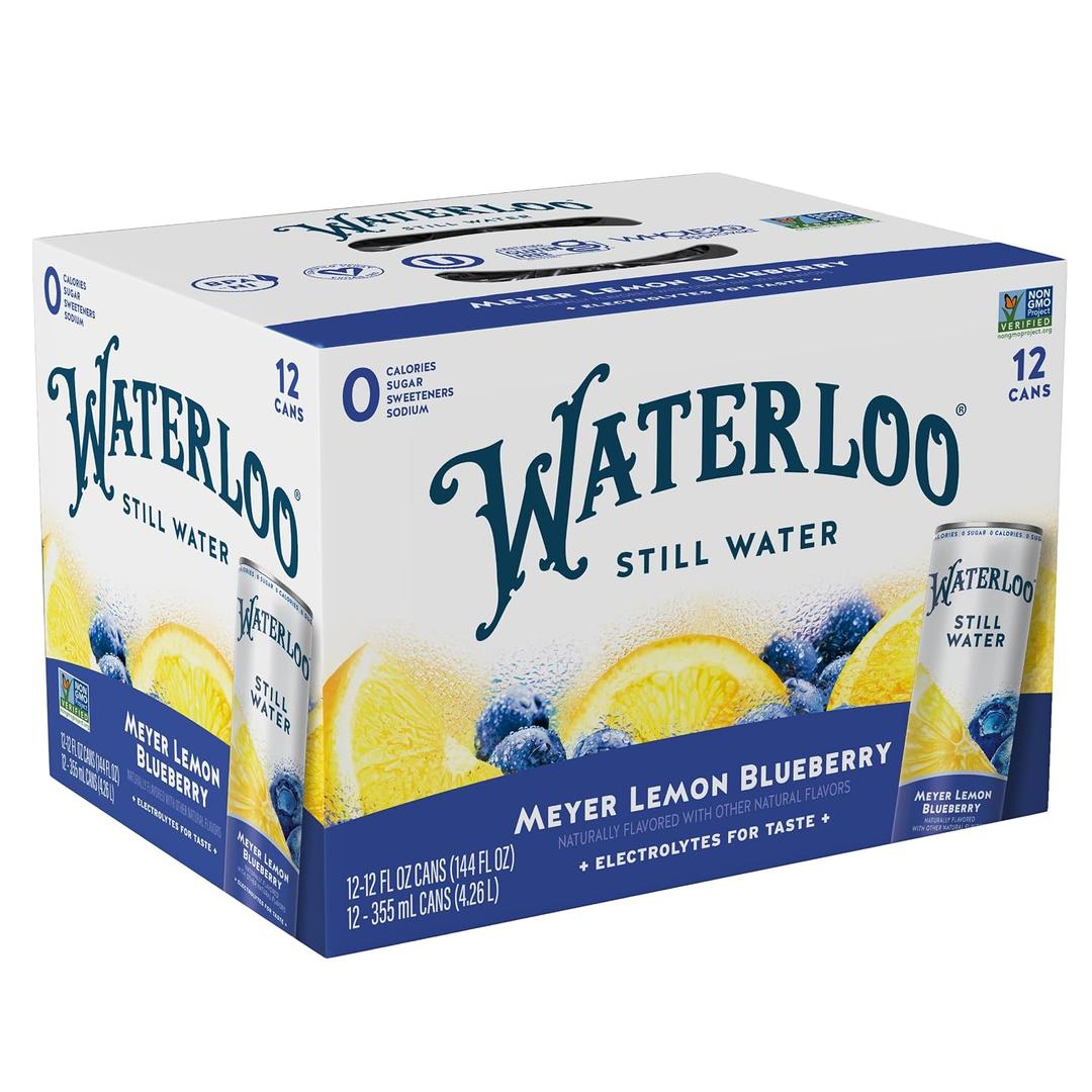 Waterloo Still Water, Meyer Lemon Blueberry Naturally Flavored Purified Water | 12 Fl Oz Cans (Pack of 12) Zero Calories and Zero Sugar or Sweeteners (EXP 02/26/27)