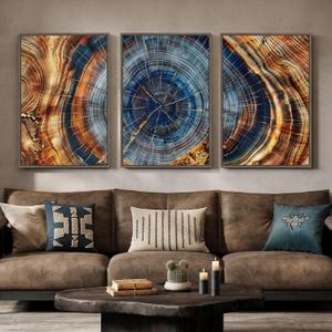 3 Piece Large Framed Colorful Tree Ring Wall Art for Living Room, Vintage Farmhouse Wood Stump Canvas Artwork for Walls, Abstract Rustic Nature Blue Brown Painting Print for Bedroom Hallway 24x36 Inch