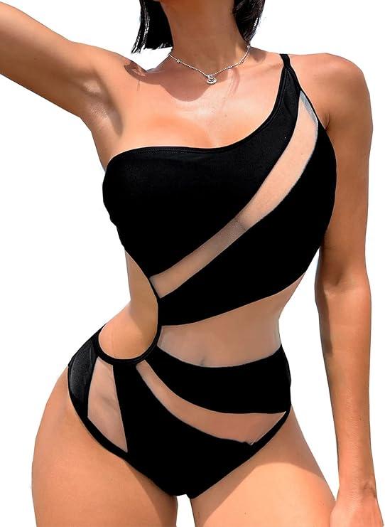 Swmmer Liket Women's Sexy One Piece Bathing Suits One Shoulder Swimsuits Mesh Swimwear Slimming Monokini Small