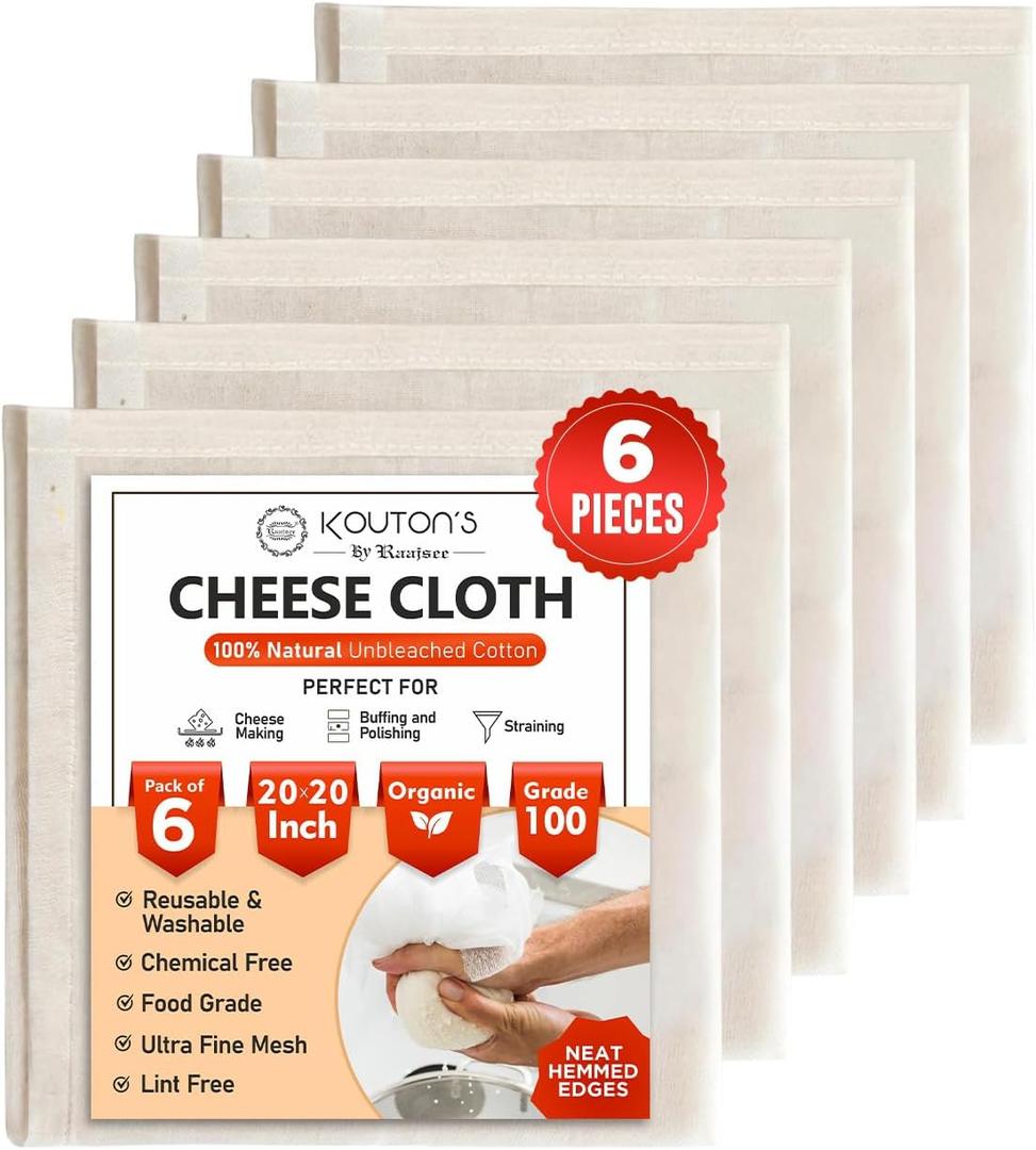 Raajsee Cheese Cloths 6 pcs Hemmed 20x20 inch Reusable 100% Unbleached Organic Cheesecloth for Straining Craft, Grade 100 Ultra Fine Muslin Cloth For Turkey Baking Juicing Brewing Yogurt Strainer