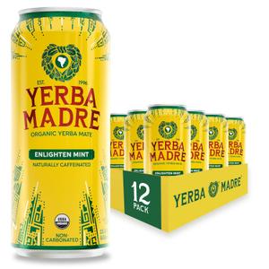 Yerba Madre Organic Yerba Mate, Enlighten Mint, 150mg Natural Caffeine, Energy Drink Alternative, No Jitters or Crash, 15.5 Oz Cans (Pack of 12) (EXP 10/24/27)