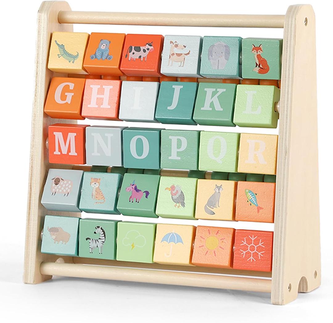FReniland Wooden Activity Cube - Double-Sided Abacus & Alphabet Flip Tiles for Toddlers 18M+, Educational Counting Toy for Preschool and Homeschool Learning