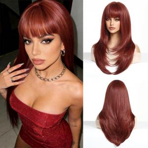 Long Red Wig with Bangs Copper Red Wigs for White Women Natural Hair Wig Layered Synthetic Wigs for Women Straight wig Hair Replacement Wigs Cosplay for Party Holiday Use 24 Inches