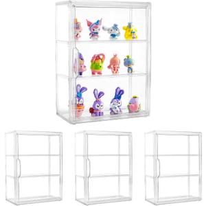 Acrylic Display Case for Collectibles 3 Tier Figure Display Case with 2 Movable Plates Clear Display Cases for Figures with Magnetic Door Tall Display Box, 4 Pack