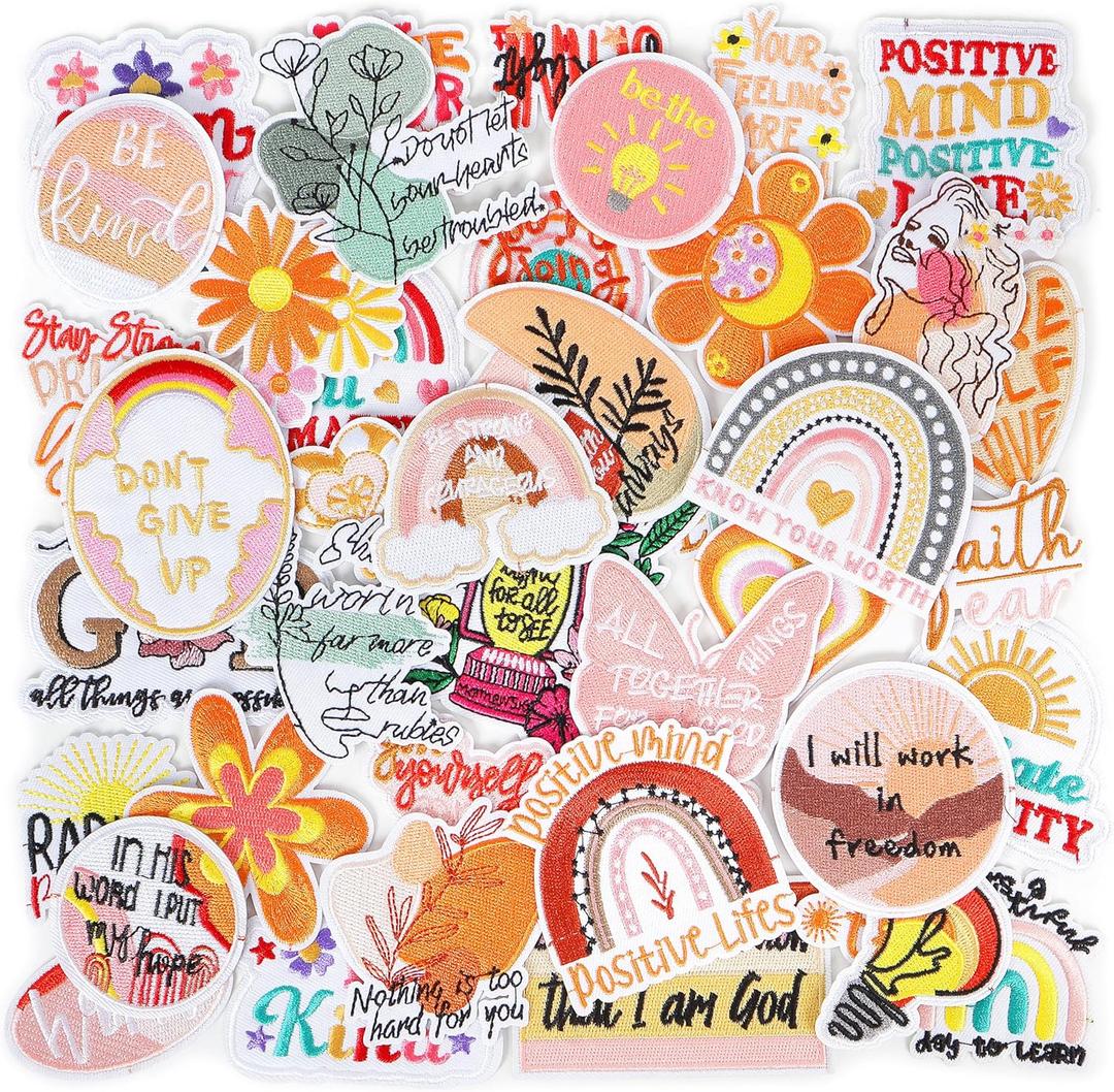Christian Iron on Patches Embroidered for Backpacks: Funcolor 42pcs Religious Vintage Girly Trucker Hat Patches Iron on - Positive Motivational Quotes Patches Sew on Applique for Clothing Jackets (Multiple colors (including orange, gold))