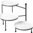 Kanwone 3 Tiered Serving Stand with White Porcelain Plates, Tiered Tray Stand, Dessert Table Display Set, 8" x 8" Tier Serving Trays with Black Metal Stand for Entertaining, 3 Tier Dessert Stand
