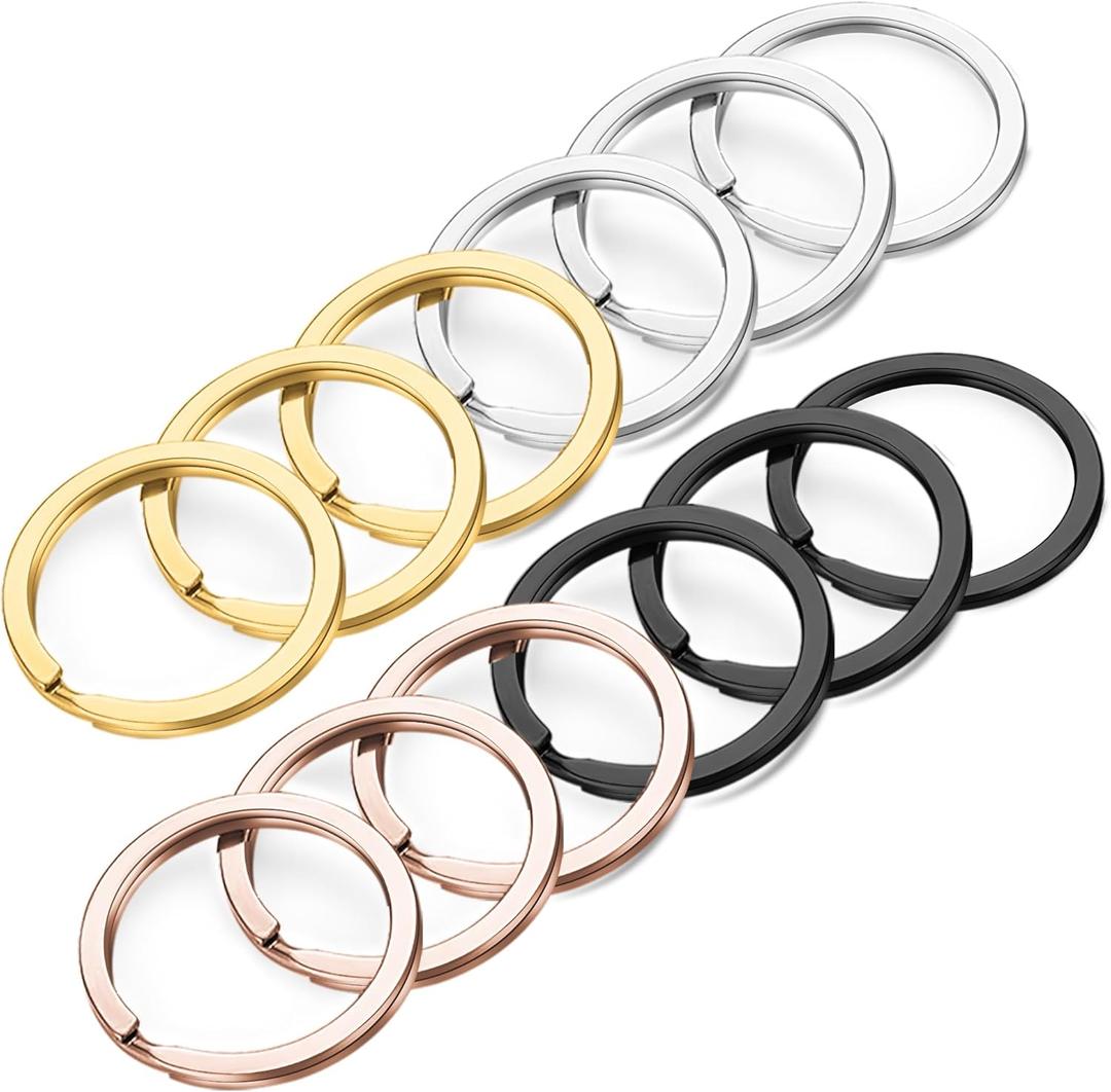 Gkeygo Key Rings, 12 pcs Stainless Steel Key Ring for Keychains, 1 inch Flat Split Keychain Ring for Car Keys Dog Tag Lanyards Home School Office DIY - Silver, Black, Gold, Rose Gold