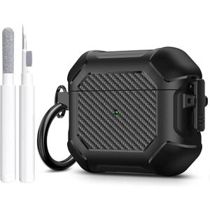 Maxjoy for Airpods 3rd Generation Case, Carbon Fiber Secure Lock Clip Full Body Shockproof Hard Shell Protective Apple for Airpods 3 Case Cover with Keychain for AirPod 3rd Gen 2021 for Men, Black