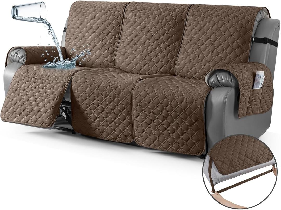 TAOCOCO 100% Waterproof Recliner Couch Covers, Recliner Sofa Covers with Leg Straps, 1-Piece Washable Reclining Sofa Cover with Pocket Couch Protector for Pets Kids(3 Seater, Brown)