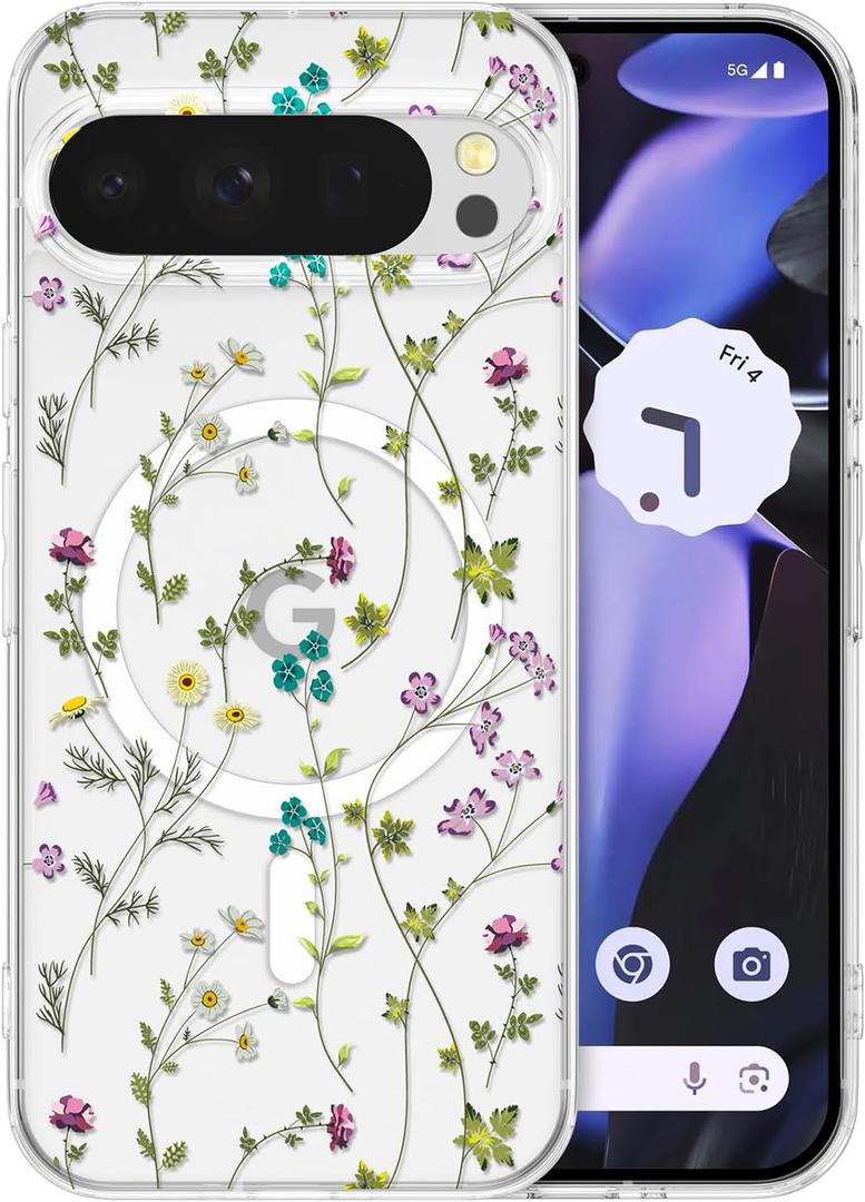 RALEAVO for Google Pixel 10/10 Pro Case Compatible with MagSafe Clear Floral Cover with Flower Branch Pattern for Girls Women Slim Cute Hard Back Shockproof Phone Case for Pixel 10/10 Pro, Transparent