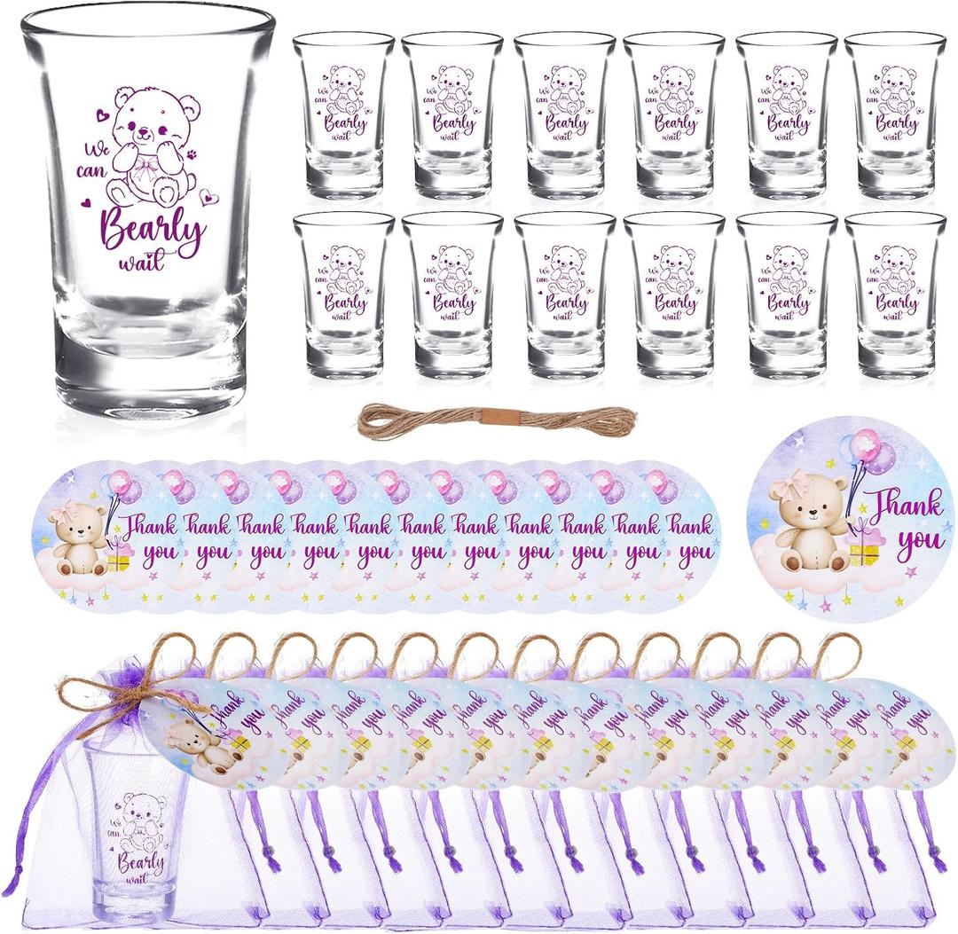 50 Sets Purple Baby Shower Favors for Guest Boy Girl Theme Party Gift | Includes We Can Bearly Wait Acrylic Clear Shot Glasses Thank You Cards Twine Organza Bags for Birthday Gender Reveal