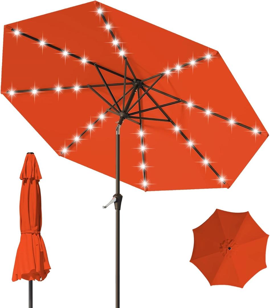 9FT Patio Umbrella with Solar Lights,Outdoor Market Umbrella with Tilt and Crank, LED Lighted Table Umbrella for Garden,Deck,Backyard,Pool,Beach (Orange)
