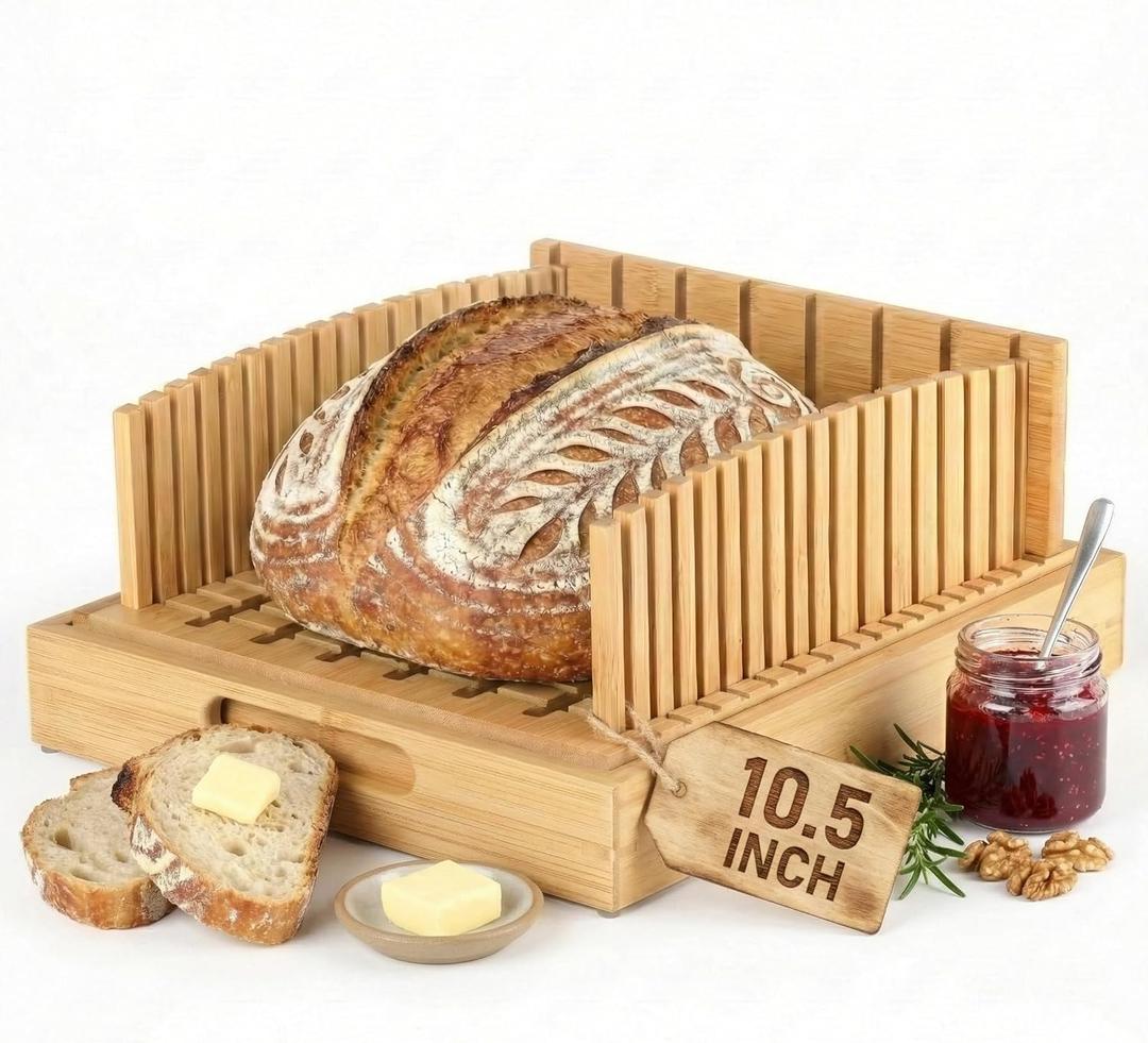 Sourdough Bread Slicer for Homemade Bread - 10.5" Extra Wide Premium Bamboo Guide for Large Round Loaves & Artisan Baking - Heavy Duty Stable Mortise-Tenon Structure with Crumb Catcher Tray