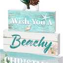 4 Pcs Beachy Christmas Table Decorations Starfish Shell Beach Tiered Tray Decor Wooden Beach Christmas Table Signs Xmas Tabletop Centerpiece for Party Home Kitchen Dining