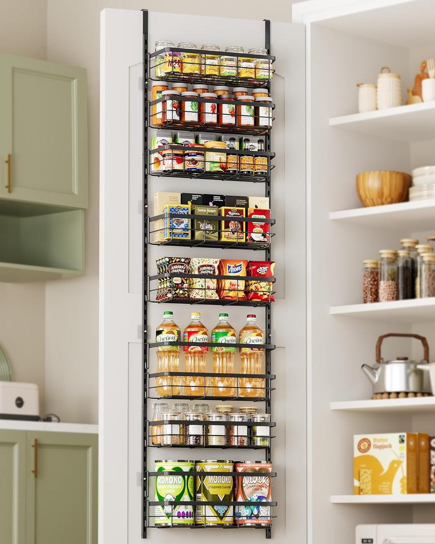 8-Tier Adjustable Over the Door Pantry Organizer with 2 Sets Hooks Fits Most Doors, Hanging Spice Rack for Pantry Door Organizer And Storage, Black