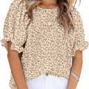 Dokotoo Floral Print Blouses for Women Crewneck Smocked Puff Sleeve Shirts Casual Babydoll Tops (Beige, M)