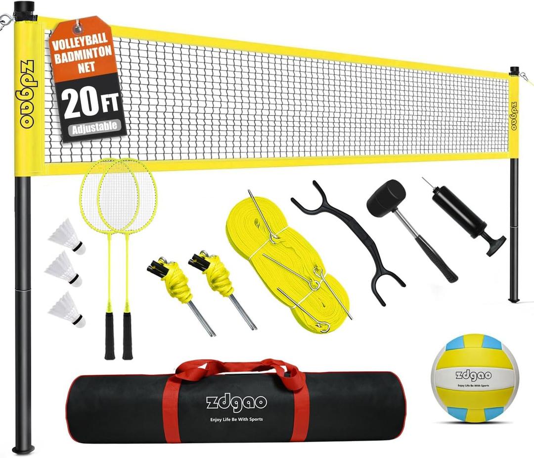 Zdgao Volleyball and Badminton Combo Set for Backyard - 20FT/32FT Volleyball/Badminton Net with Adjustable Height Pole,Anti-Sag System,Volley Ball, Badminton Racquets,Boundary Line and Carry Bag