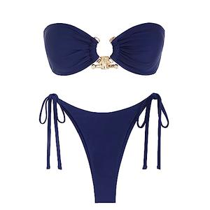 ZAFUL Strapless Metallic Cutout Bandeau Bikini Set High Leg Bikini Sets Glitter Swimsuit Cute Bathing Suits Deep Blue M