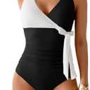 B2prity Women's One Piece Swimsuit Tummy Control Slimming Bathing Suit V Neck Swim Suit Color Block Tie Side Swimwear Size M