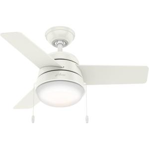 Hunter 36 inch Small Indoor Ceiling Fan with LED Light and Pull Chain - Modern Ceiling Fan, Standard Mount, 3 Blades, For Bedroom, Home Office, or Laundry Room, Quiet - Aker 59301, Fresh White