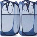 TECHMILLY Collapsible Mesh Pop Up Laundry Hamper with Sturdy Handles and Side Pocket - Portable Foldable Clothes Baskets for Dorm, Bathroom & Travel Storage (Blue, 2 Packs)