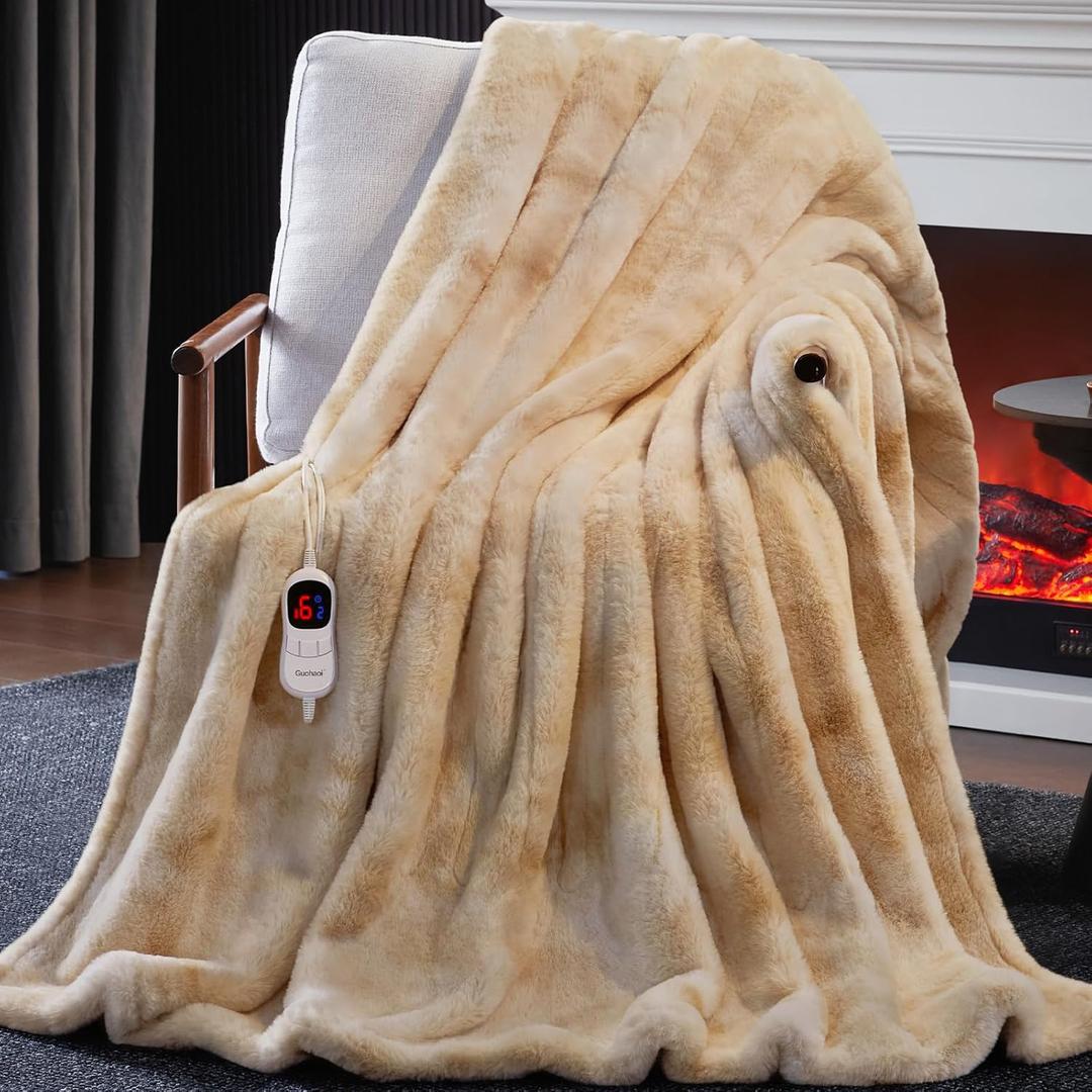 Guohaoi Heated Blanket Electric Throw, Soft Faux Rabbit Fur Electric Blanket with 10 Heating Levels 5 Sitting Timer Auto Off, Cozy Warm Heating Blankets, Machine Washable(50"60" Beige)