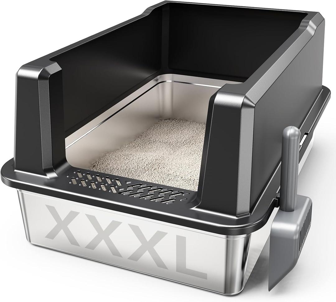 XXL Stainless Steel Cat Litter Box Extra Large 28"x20.5"x14" Metal Litter Box High Sides for Big Cats&Multiple Cats, Jumbo with lid Easy to Clean, No Odor, Anti-Urine Leakage, Non-Sticky (Gray)