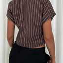 Floerns Women's Striped Button V Neck Shirt Dolman Sleeve Asymmetrical Hem Business Casual Tops (Brown, L)