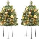30 Inch Mini Christmas Tree Urn Filler 2 Set, Battery Operated Pre-Lit Artificial Small Xmas Tree, w/ 50 LED Lights and Realistic Carolina Pine for Pathway, Porch, Yard (Gold)
