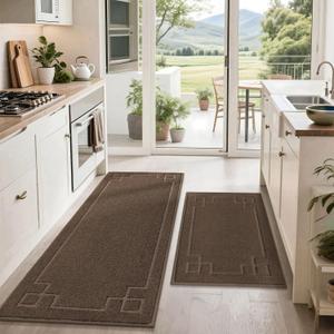BEQHAUSE Kitchen Rugs Non-Slip Washable Rug Sets of 2, Machine Washable Kitchen Mats Absorbent Soft Kitchen Runner Rugs for Floor, Sink, Hallway, Laundry, 24"x36"+24"x60", Brown