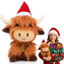 Christmas Highland Cow Stuffed Animals 7.87 Inch Brown Highland Cow Plush Toy with Santa Hat Colorful Light Bulbs Cute Plushies Decorations for Xmas Holiday Kids Adults Boys Girls Gifts