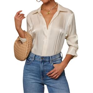 IYICLOTH Button Down Shirts for Women Business Casual Fitted Tops Long Sleeve V-Neck Work Blouse Formal,L Champagne