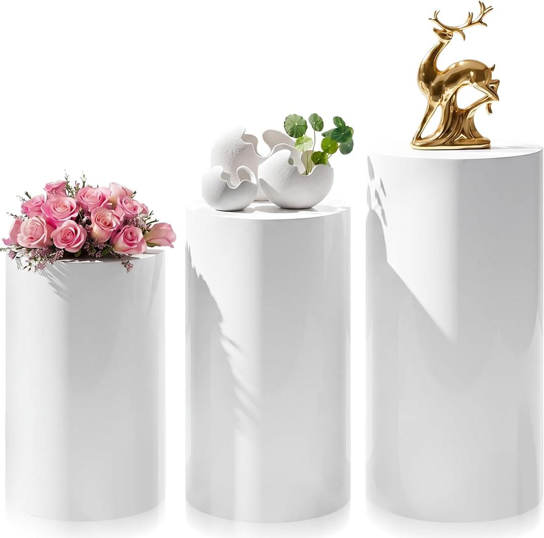 Zonon 3 Pcs White Cylinder Pedestal Stands for Party, Metal Display Stands Pillars for Wedding Bridal Ceremony Baby Shower Birthday Party Decorations, 29.5*14.2''(L), 23.6*13''(M), 21.7*11.8''(S)