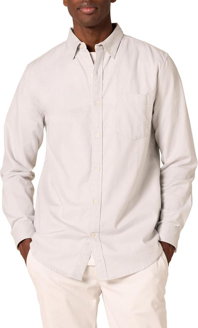 Amazon Essentials Men's Slim-Fit Long-Sleeve Stretch Oxford Shirt with Pocket (Large, Light Grey)