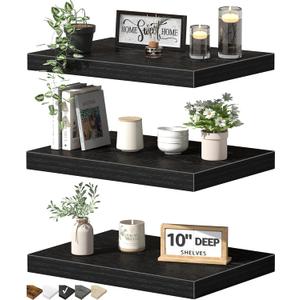 QEEIG 10" Deep Floating Shelves for Wall - 10 x 16 inch Book Shelf Bathroom Bedroom Kitchen Living Room Hanging Bookshelf Farmhouse Set of 3, Black (025-40B3)