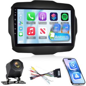 4G+128G Car Stereo for Jeep Renegade 2015 2016 2017 2018 2019 2020 - Wireless Carplay & Android Auto - 9 Inch Android 15 Touchscreen Radio with EQ/5GHz WiFi/GPS/SWC, AHD Rear View Camera