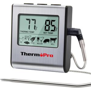 ThermoPro TP16 Large LCD Digital Cooking Food Meat Thermometer for Smoker Oven Kitchen BBQ Grill Thermometer Clock Timer with Stainless Steel Temperature Probe (Light Silver)