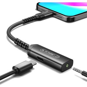 JSAUX USB C to 3.5mm Headphone and Charger Adapter,2-in-1 AUX Mic Jack with PD 60W Fast Charging Earphones, Compatible with iPhone 15 Pro Max/15 Pro/15, Galaxy S24/S23/S22/S21,iPad Pro -Black