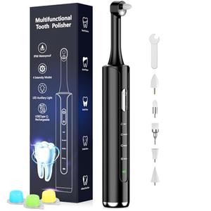 Tooth Polisher, Rechargeable Teeth Polisher with 5 Brush Heads, 4 Speed Modes, Tooth Whitening Kit for Cleaning and Polishing, LED Light, 3 Polish Pastes, IPX6 Waterproof Teeth Cleaning Tools, Black