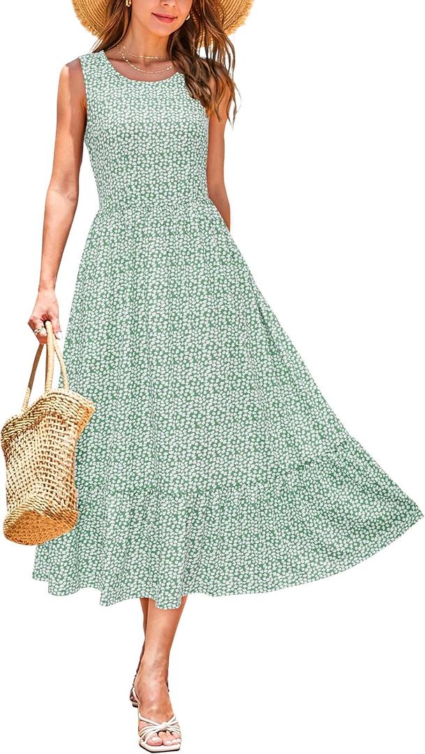 STYLEWORD Women's 2026 Summer Sleeveless Crewneck Maxi Sundress Casual Tiered Flowy Boho Long Beach Dress Vacation Outfits(Light Green Floral,M)