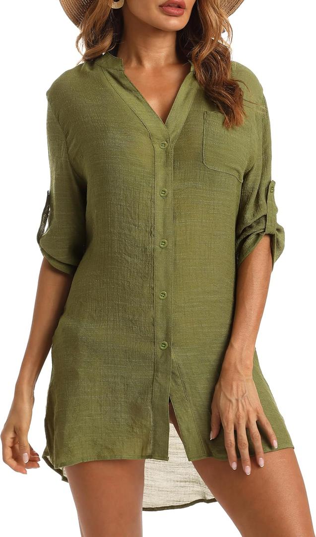 Swimsuit Coverup for Women 2024, V-Neck Beach Button Down Bikini Cover Ups Knee-Above Shirt Tops (XXL, Army Green)
