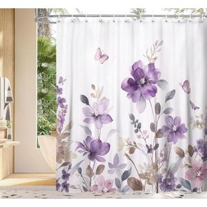 Purple Floral Shower Curtain, Purple Lavender Floral Butterfly Boho Shower Curtains for Bathroom, Farmhous Flower Cute Fabric Shower Curtain Set with 12PCS Hooks, 70X85IN