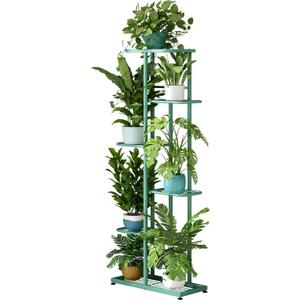 LINZINAR Plant Stand Metal 6 Tier 7 Potted Multiple Flower Pot Holder Shelf Indoor Outdoor Planter Display Shelving Unit for Patio Garden Corner Balcony Living Room (6 Tier 7 Potted, Light Green)