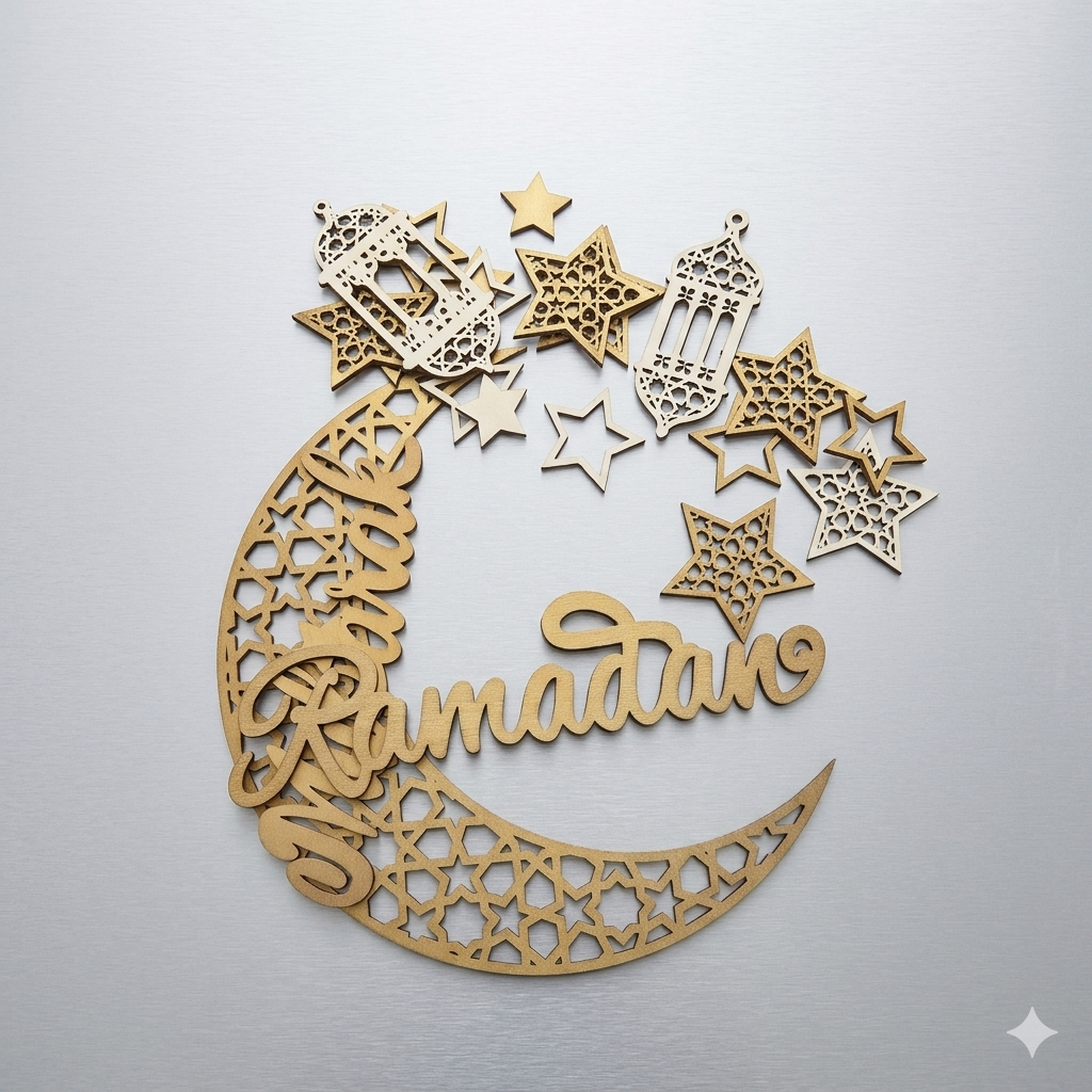 DoubleFill 10 inch Ramadan Decorations Acrylic Islamic Table Centerpiece Ramadan Mubarak Sign EID Decoration Islamic Home Decor Crescent Moon Hollow Star Ornament for Eid Mubarak Tabletop(Gold)