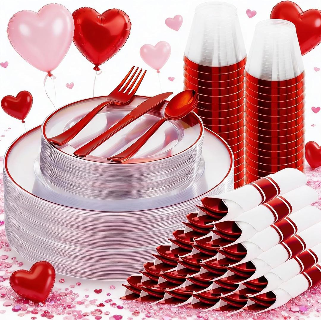 SUT 175 Pcs Red and Clear Plastic Dinnerware Set for 25 Guests, Include: 25 Dinner Plates, 25 Dessert Plates, 25 Pre Rolled Napkins With Silverware, 25 Cups, Disposable Plates for Party
